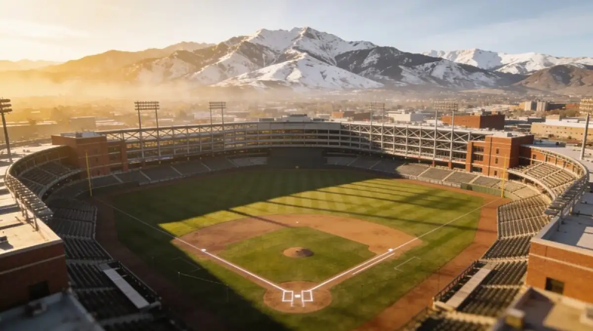 Luftbild des Coors Field in Denver mit erkennbarer Höhenlage der Rocky Mountains