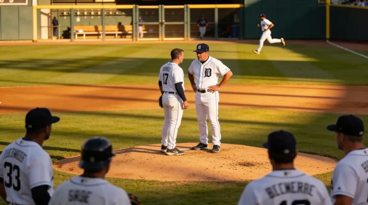 Manager auf dem Mound während eines Pitching Change als Trigger-Moment für Live-Wetten