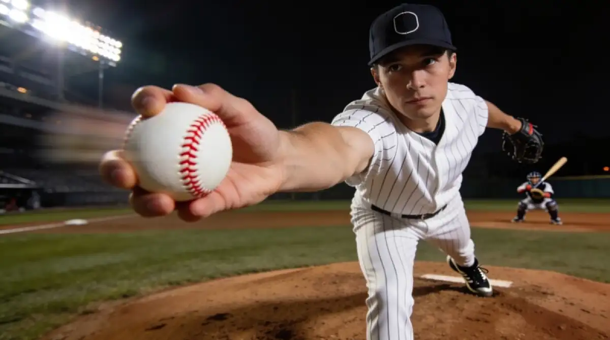 MLB-Starting-Pitcher mitten im Wurf vom Pitcher-Mound als Schlüsselfigur des Spiels