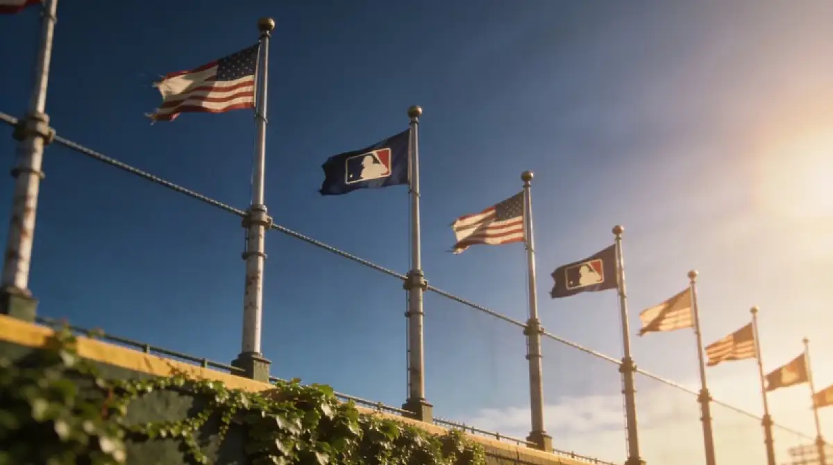 Flaggen im Wrigley Field in Chicago zeigen die Windrichtung über dem Outfield